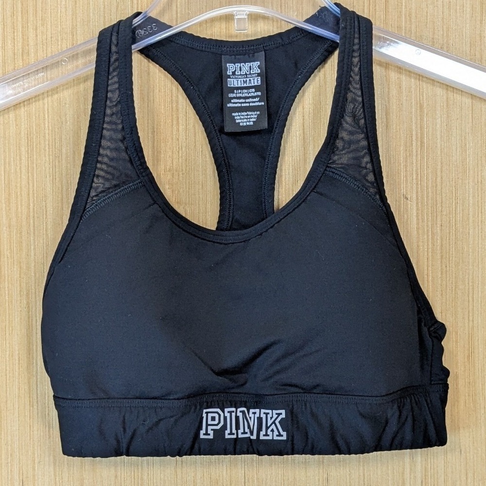 Victoria's Secret PINK Ultimate Unlined Racerback Sports Bra Black Silver Logo S